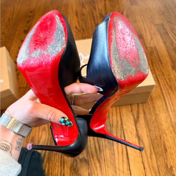 Christian Louboutin Black Leather Cross Prive Peep Toe Heels - Picture 5 of 5